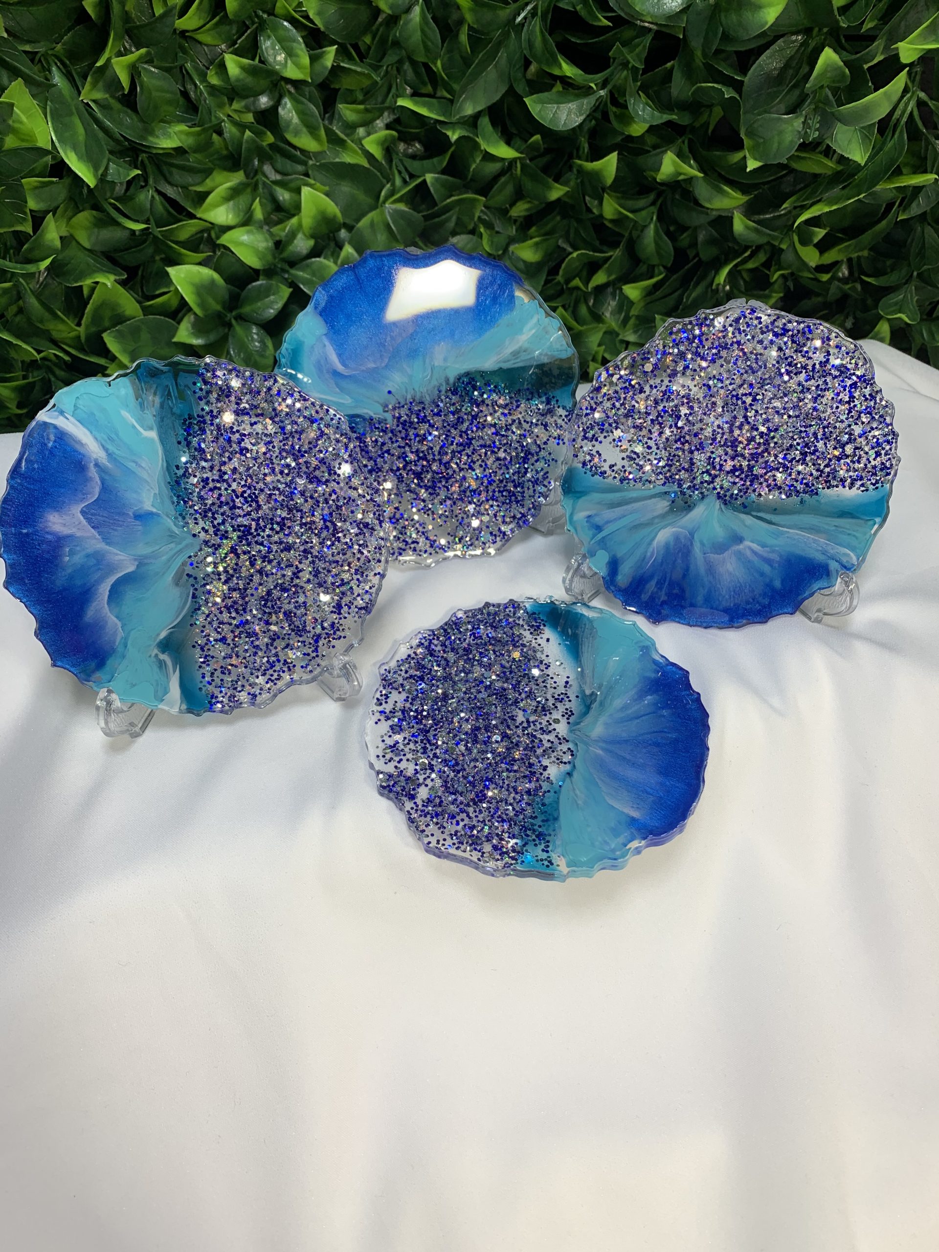 Blue, White & Silver Holographic Glitter Geode Resin Coasters, Set of 4, Handmade, Food Grade, Non-Toxic, Hard Surface, Christmas gift idea - Image 3