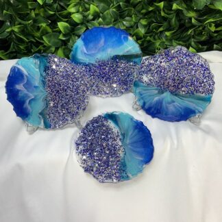 Blue, White & Silver Holographic Glitter Geode Resin Coasters,  Set of 4, Handmade, Food Grade, Non-Toxic, Hard Surface, Christmas gift idea