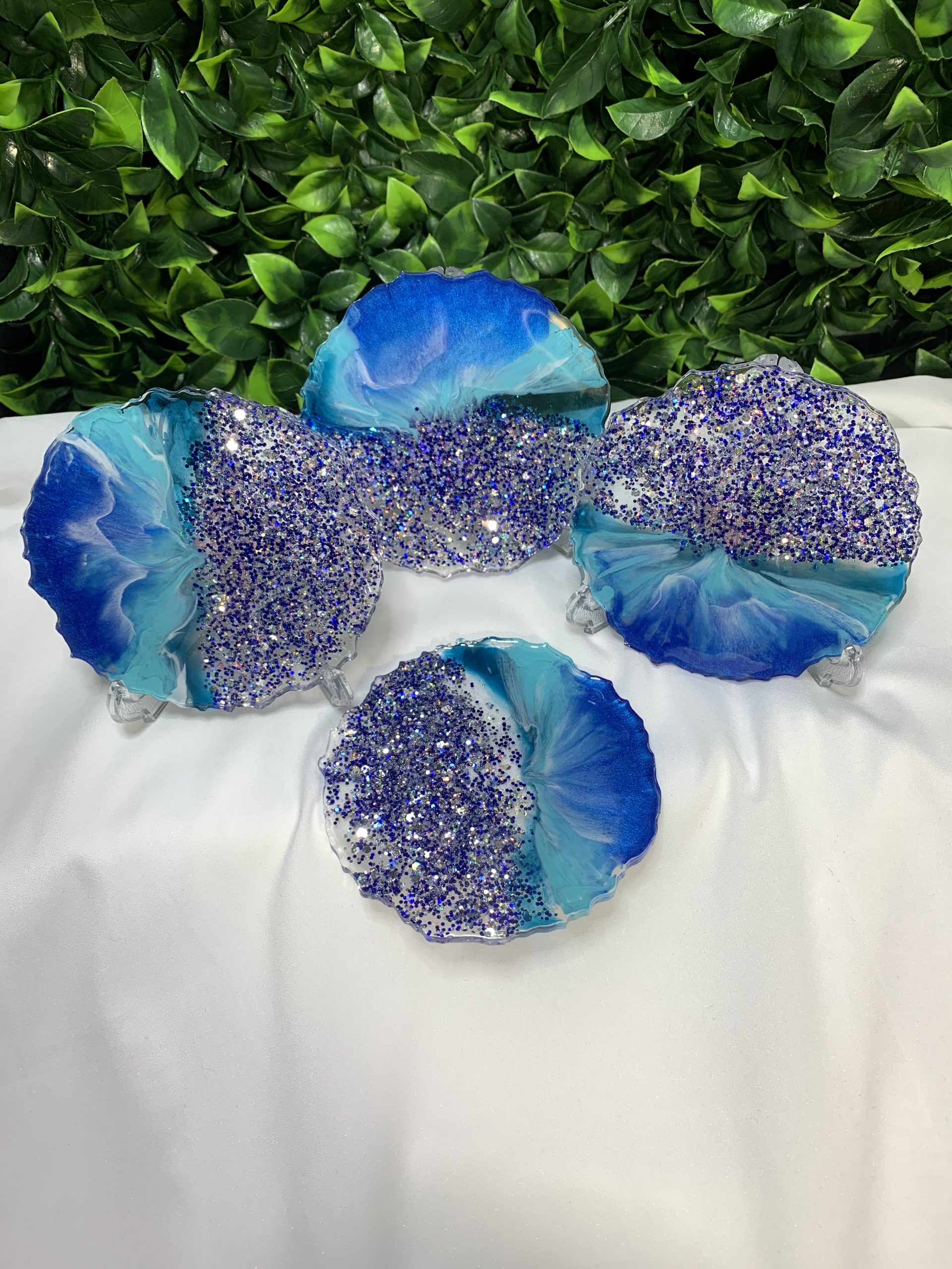 Blue, White & Silver Holographic Glitter Geode Resin Coasters, Set of 4, Handmade, Food Grade, Non-Toxic, Hard Surface, Christmas gift idea