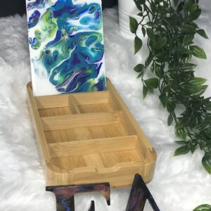 Jewellery Storage Box-Bamboo with Leather Strap-Mirror-Epoxy Resin Art Design on Lid-Girls Mirror