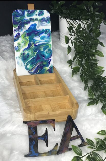 Jewellery Storage Box, Bamboo with Leather Strap, Mirror, Epoxy Resin Art Design on Lid, Girls gift, Christmas Gift idea