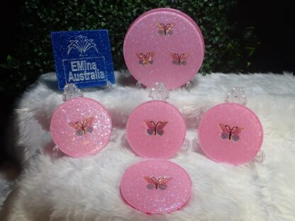 TEA/COFFEE POT Stand & 4 Coaster Set, Handmade Coasters, Resin Art, Butterfly Design, Pink Glitter, food safe resin, Christmas gift