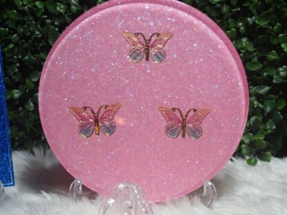 TEA/COFFEE POT Stand & 4 Coaster Set, Handmade Coasters, Resin Art, Butterfly Design, Pink Glitter, food safe resin, Christmas gift - Image 3