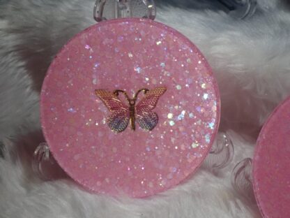 TEA/COFFEE POT Stand & 4 Coaster Set, Handmade Coasters, Resin Art, Butterfly Design, Pink Glitter, food safe resin, Christmas gift - Image 2