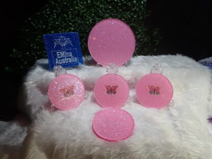 TEA/COFFEE POT Stand & 4 Coaster Set, Handmade Coasters, Resin Art, Butterfly Design, Pink Glitter, food safe resin, Christmas gift - Image 4