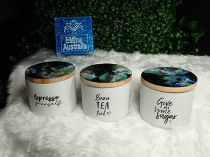 Set of 3 Ceramic Jars, Resin Lid, Handmade, Resin Art, Bamboo Lid, Acrylic Paint, Christmas Gift Idea, Tea, Coffee, Sugar